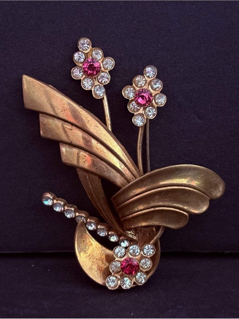 Art Deco Gold Tone Pink Rhinestone Floral Spray Brooch